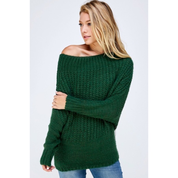 Hunter Green Soft Fuzzy Off The Shoulder Pullover Knit Holiday Casual Sweater - Picture 2 of 6